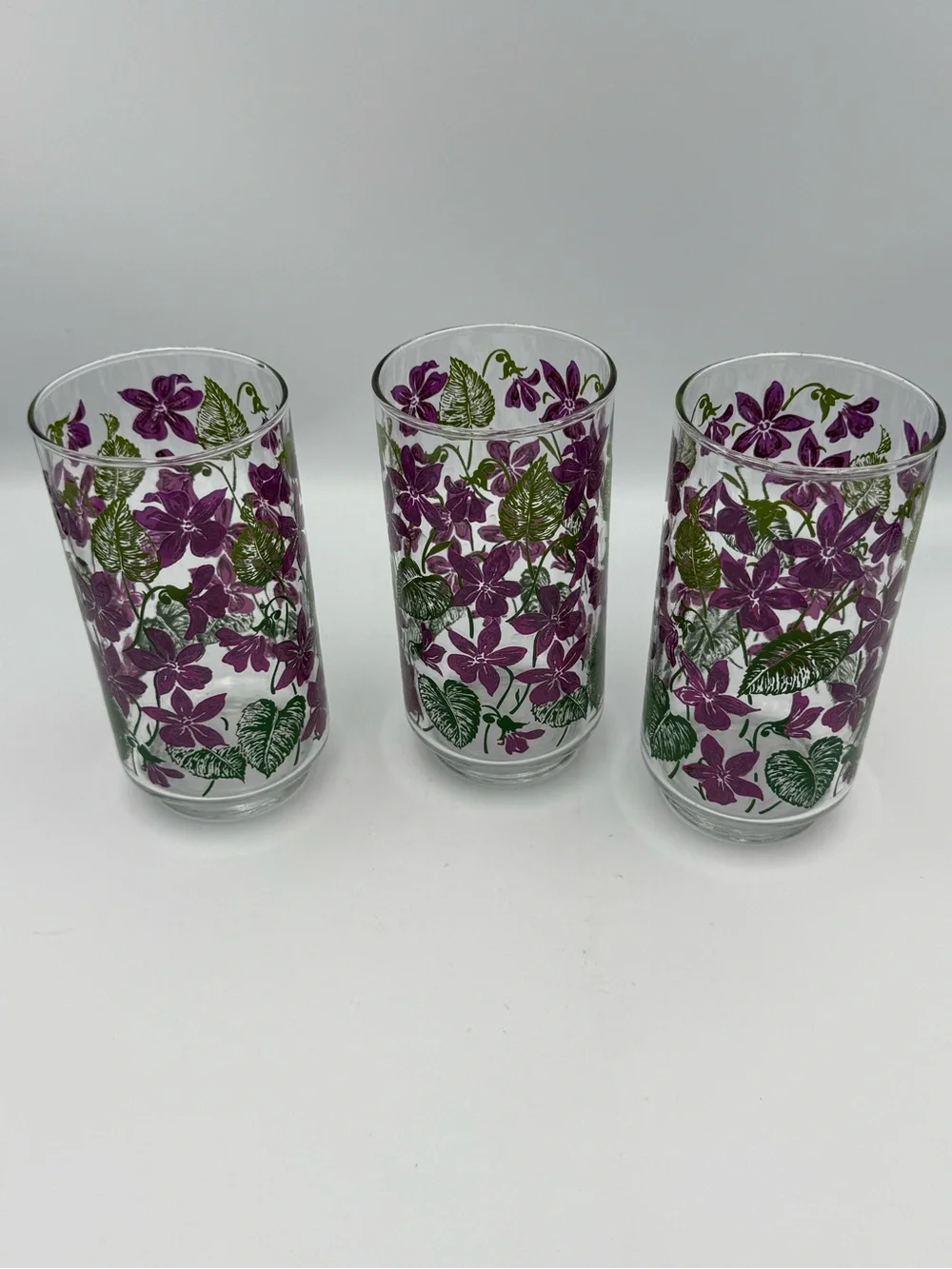 Vintage Libbey Purple Violets Glasses Green Leaves Tumblers Set of 3 Retro MCM